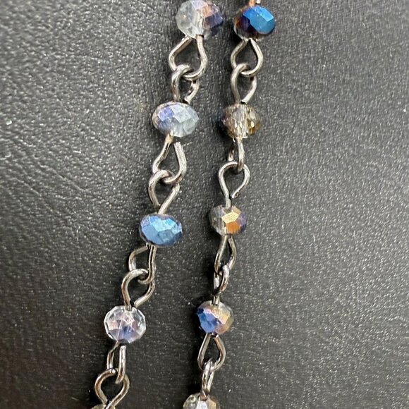 Steve Madden Gray Blue Beaded Tassels Chain Y Drop Long Layered Neckline - Picture 4 of 4